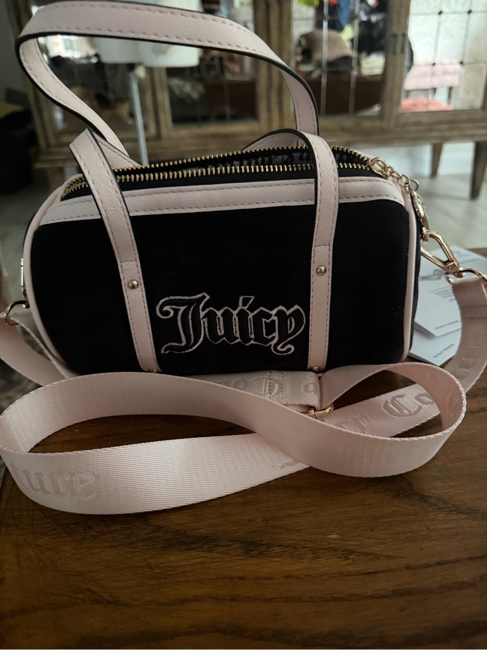 Juicy Couture Black and Pink Velvet Crossbody Bag